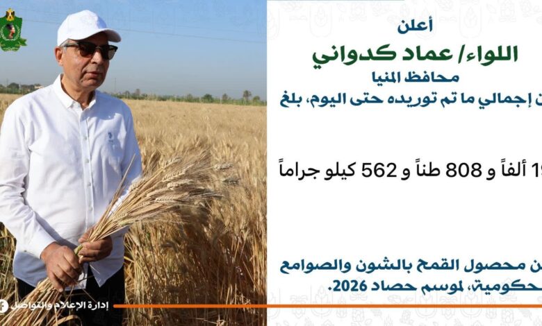 محافظ المنيا: توريد نحو 20 ألف طن قمح منذ انطلاق موسم 2026