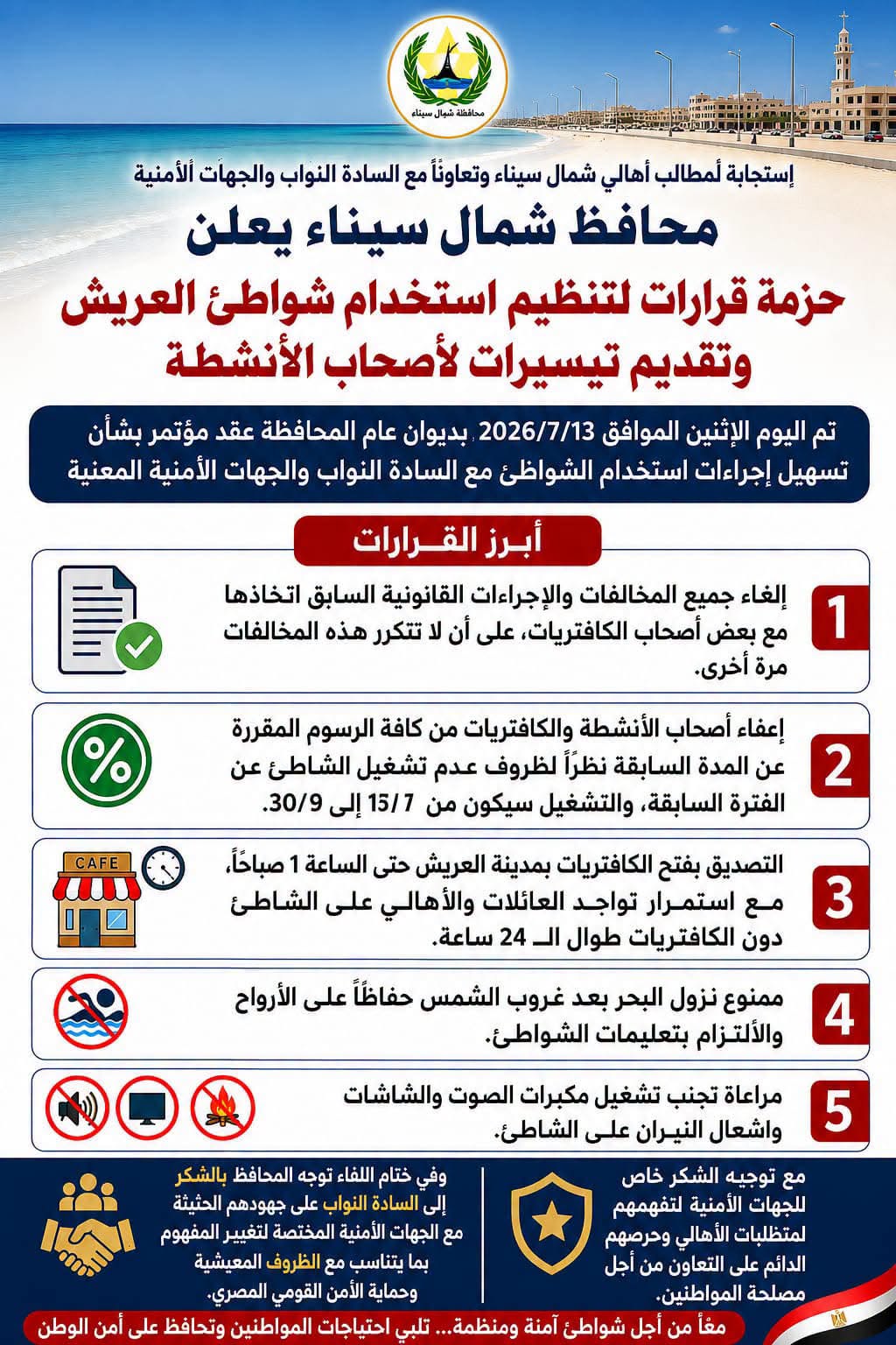قرارات تنظيم استخدام شواطيء العريش