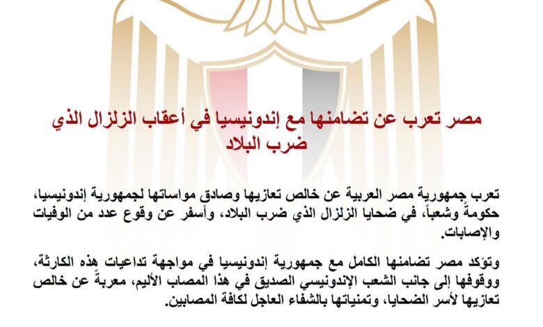 ​مصر تتضامن مع إندونيسيا إثر زلزال مدمر ضرب البلاد